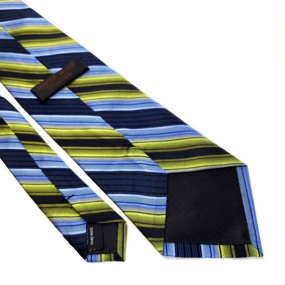 Martin Wong Blue Green Striped Woven‎ Wide Silk Tie - Picture 5 of 6